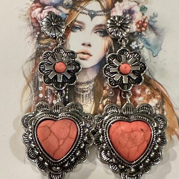 Playful Pink Heart Western Charm Earrings - Picture 1 of 10
